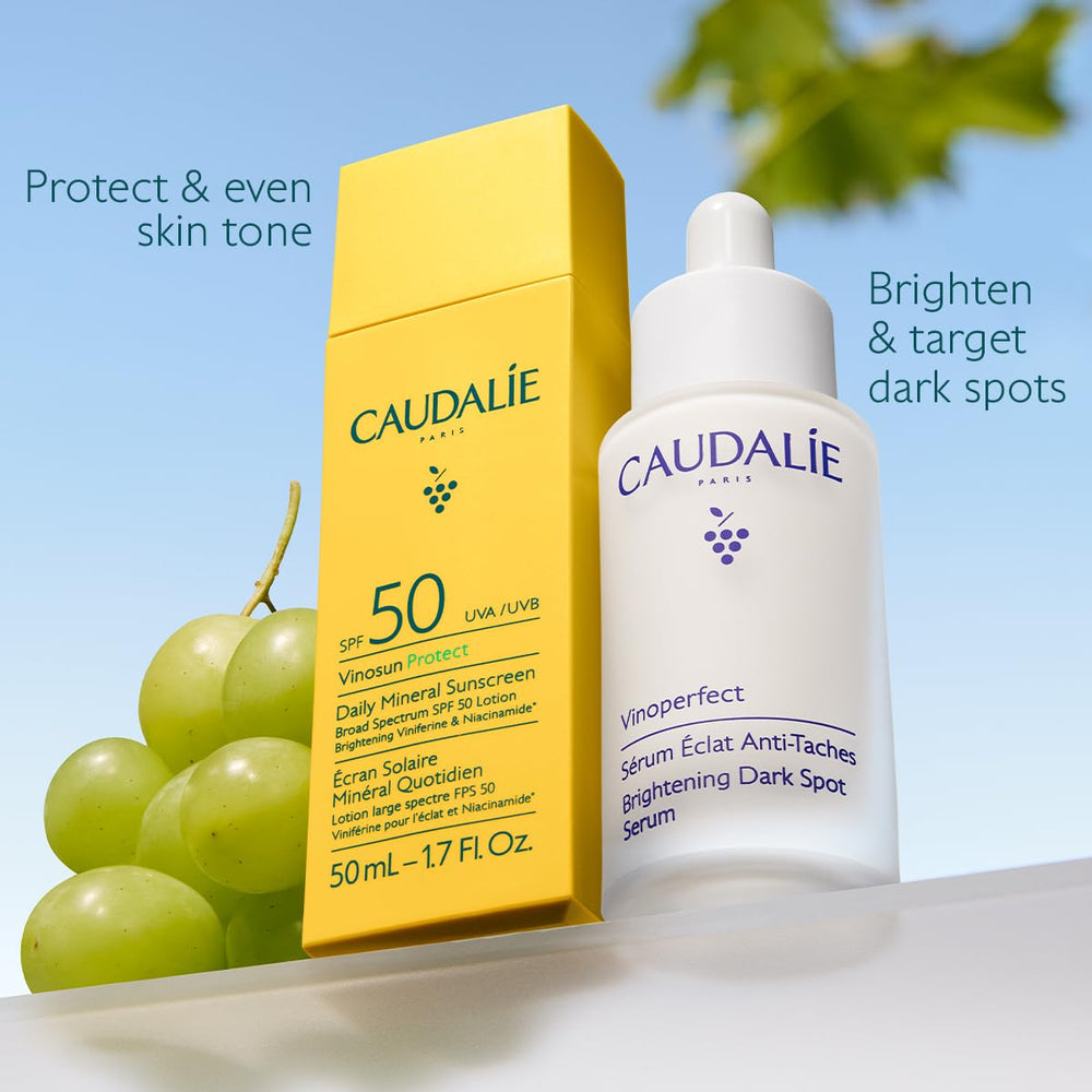 Caudalie Vinosun Protect non-nano zinc close-up showing SPF50 protection.