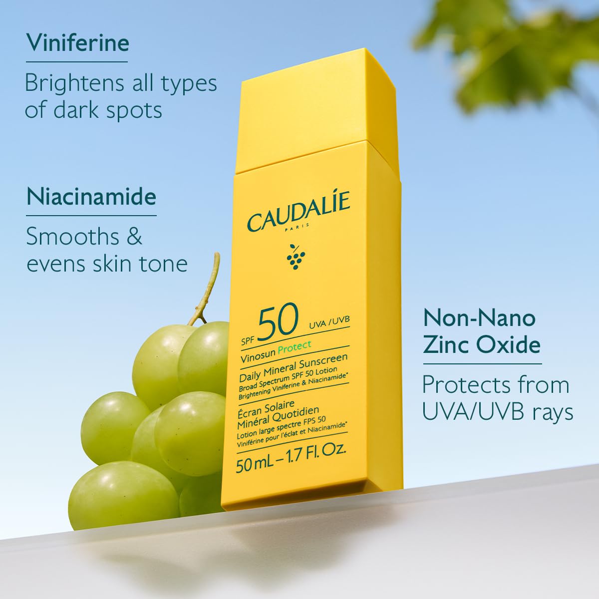Caudalie Vinosun Protect sunscreen on hand for easy daily application.