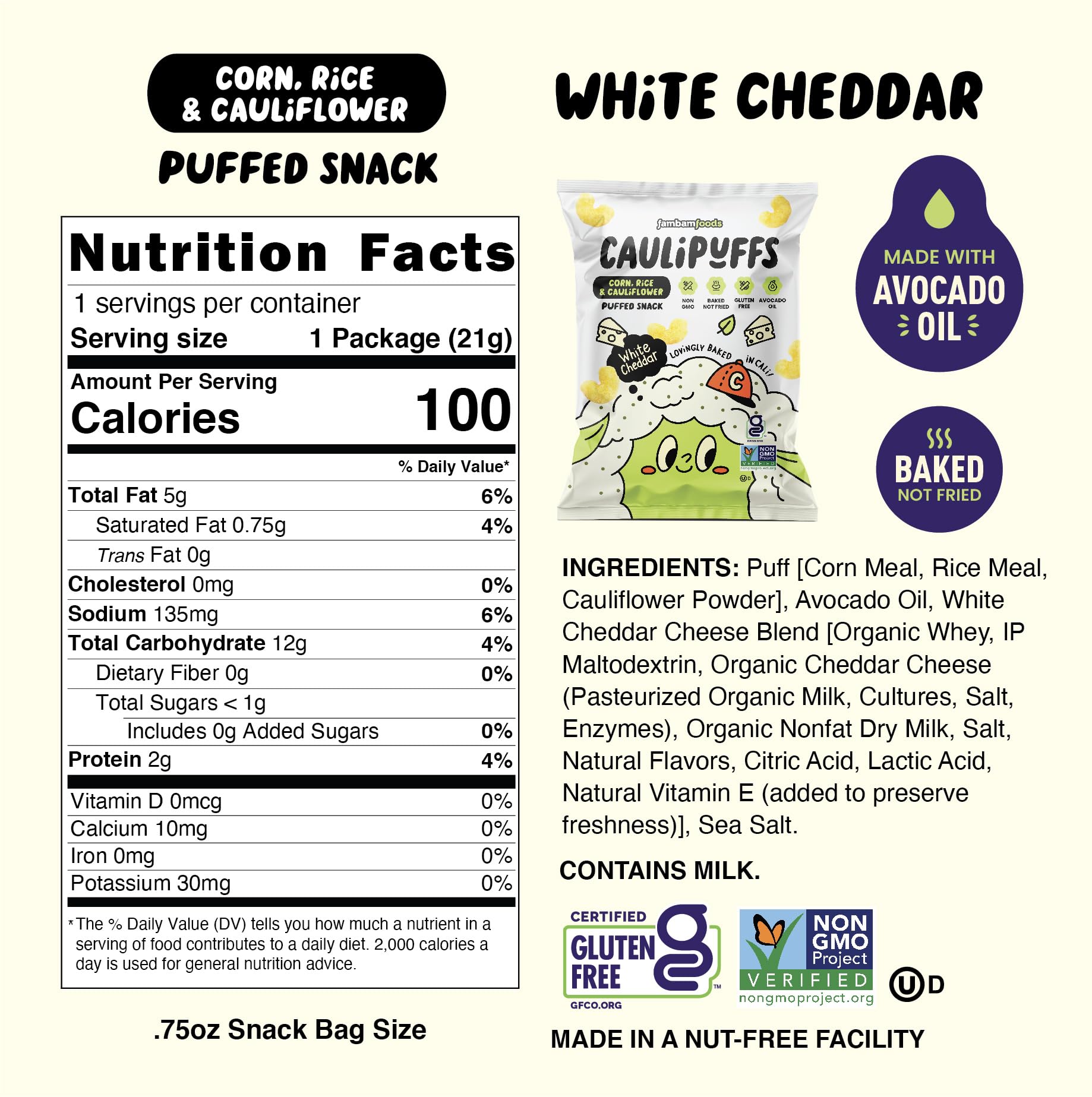 CauliPuffs ingredients highlight cauliflower and cheddar, offering gluten-free taste.