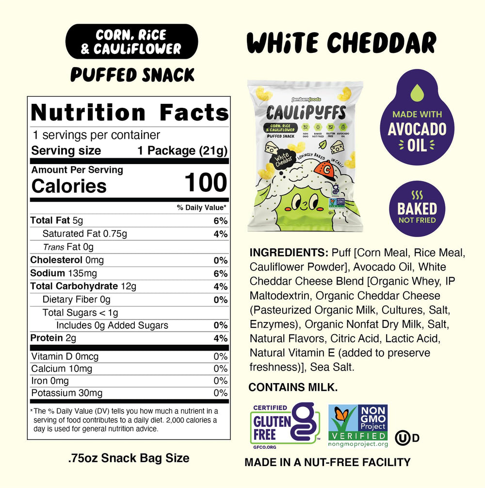 CauliPuffs ingredients highlight cauliflower and cheddar, offering gluten-free taste.