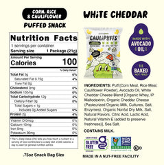 CauliPuffs ingredients highlight cauliflower and cheddar, offering gluten-free taste.