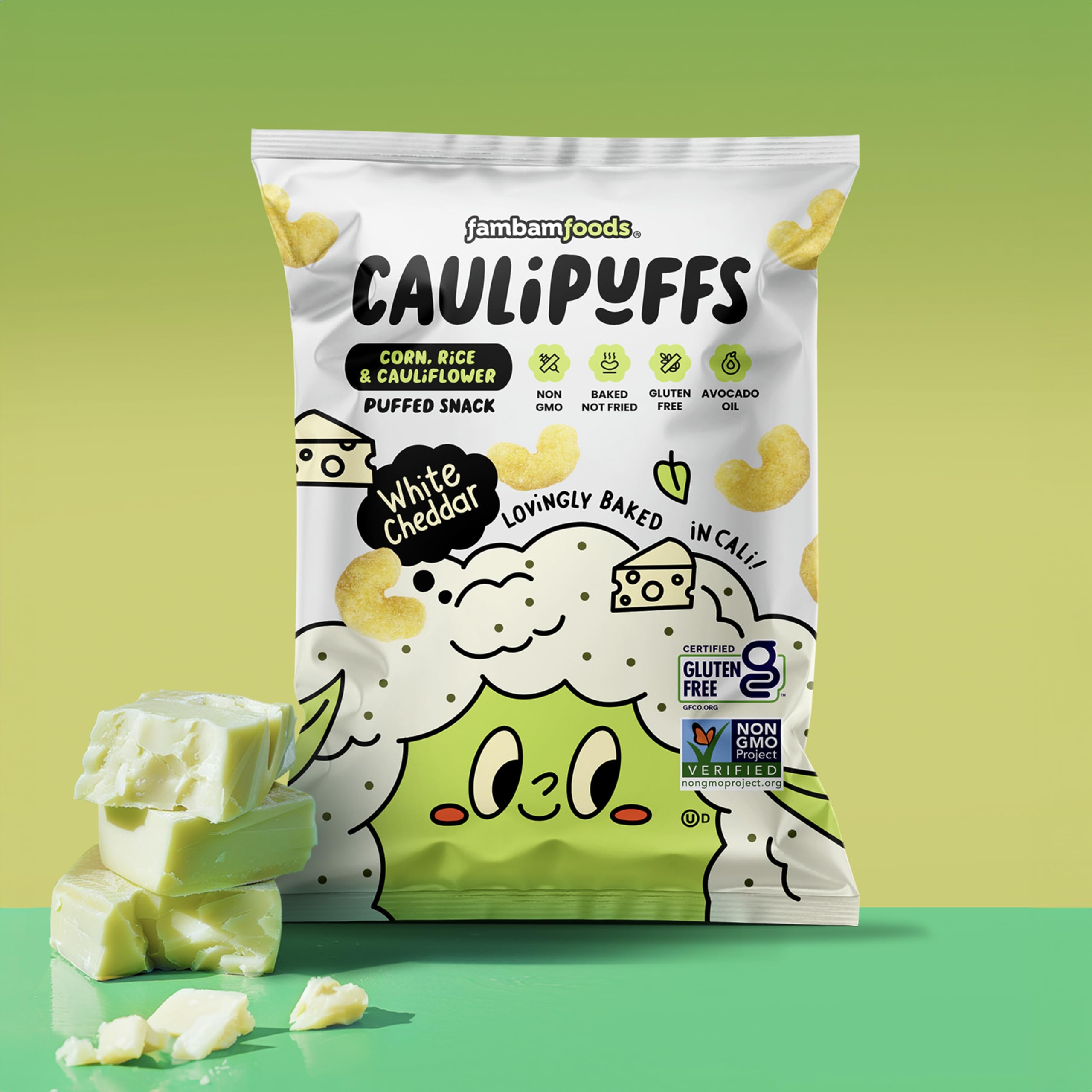 CauliPuffs packaging front view on white, convenient reseal for portions.