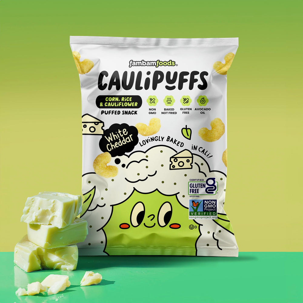 CauliPuffs packaging front view on white, convenient reseal for portions.