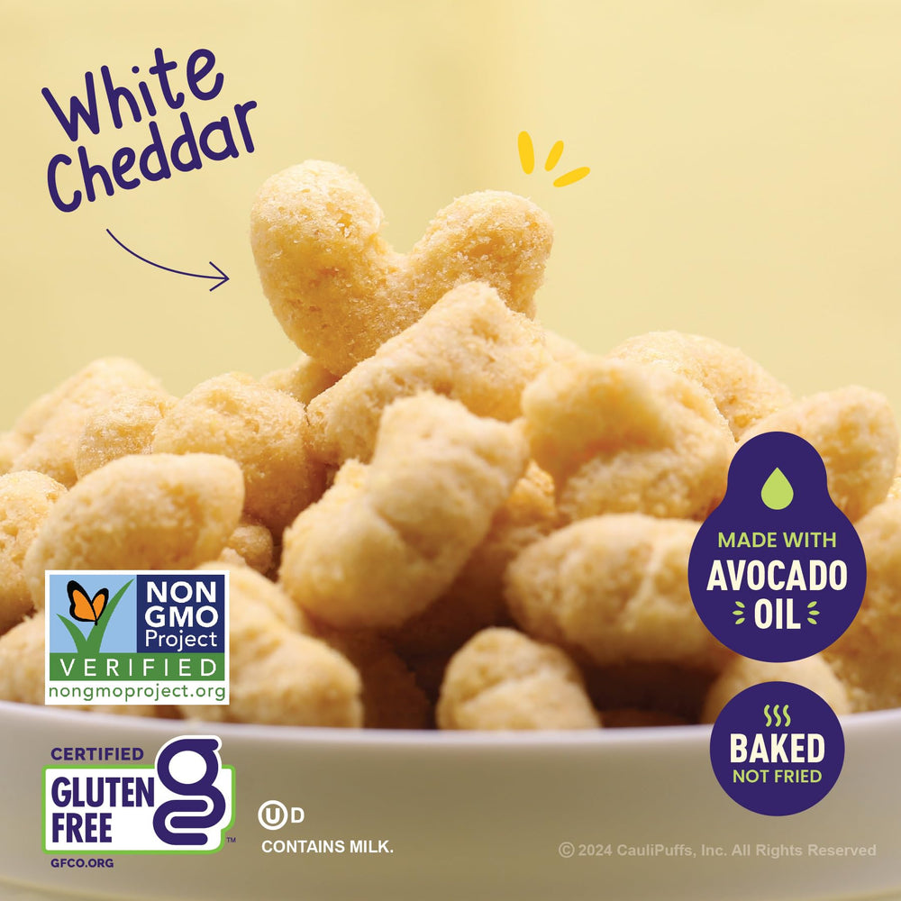 CauliPuffs texture close-up reveals crisp puffs, ideal for light snacking.