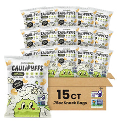 CauliPuffs white cheddar snack bag close-up, light and crispy puffs for quick cravings.