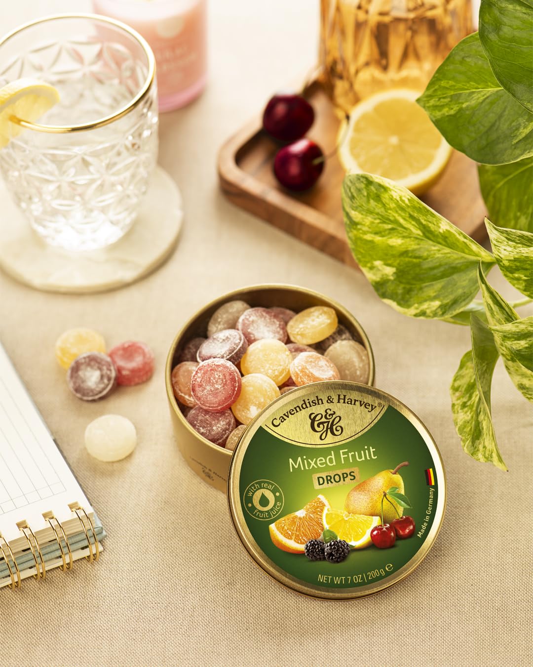 Cavendish & Harvey fruit candy drops close-up, colorful fruit flavors on display