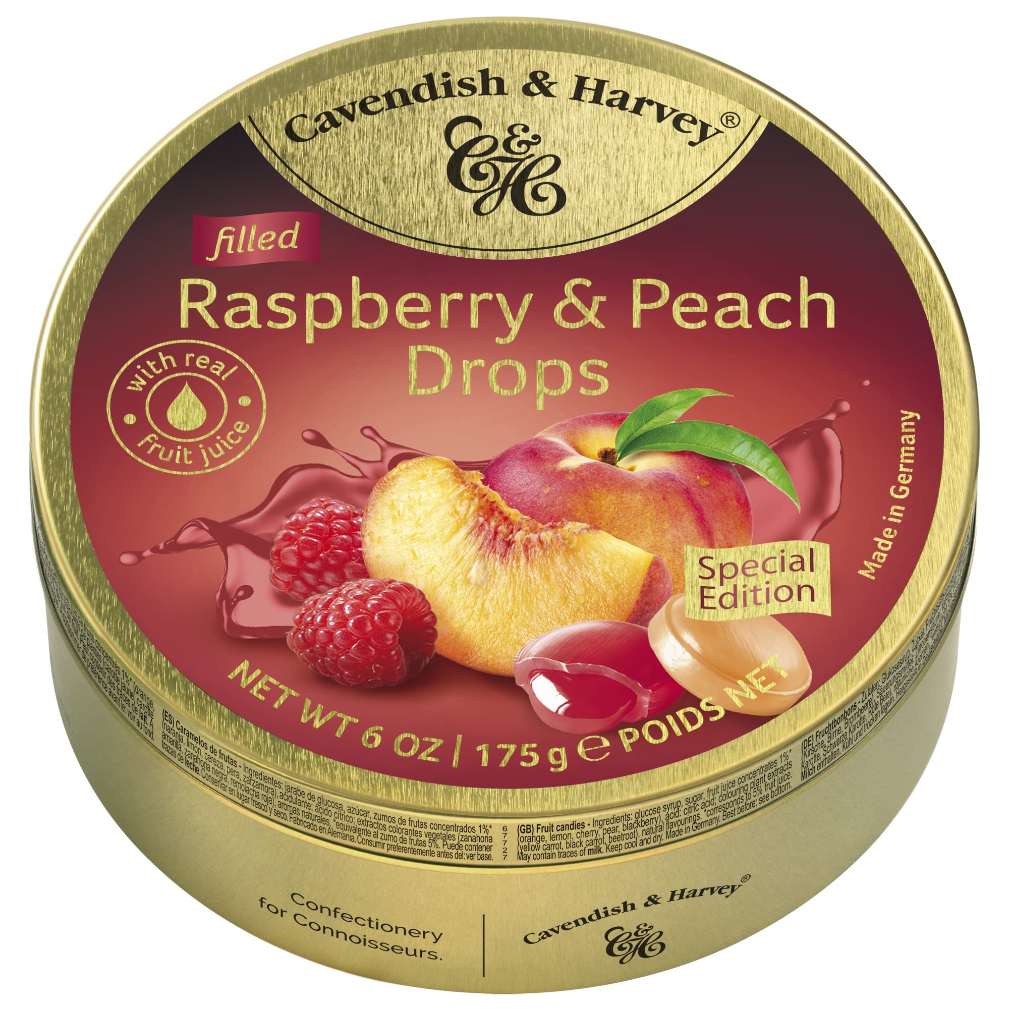 Cavendish & Harvey Raspberry & Peach Drops in premium gold tin, ideal for gifting.
