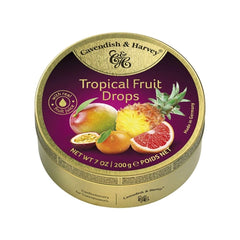 Cavendish and Harvey tropical fruit candy drops in a gold tin for premium freshness.