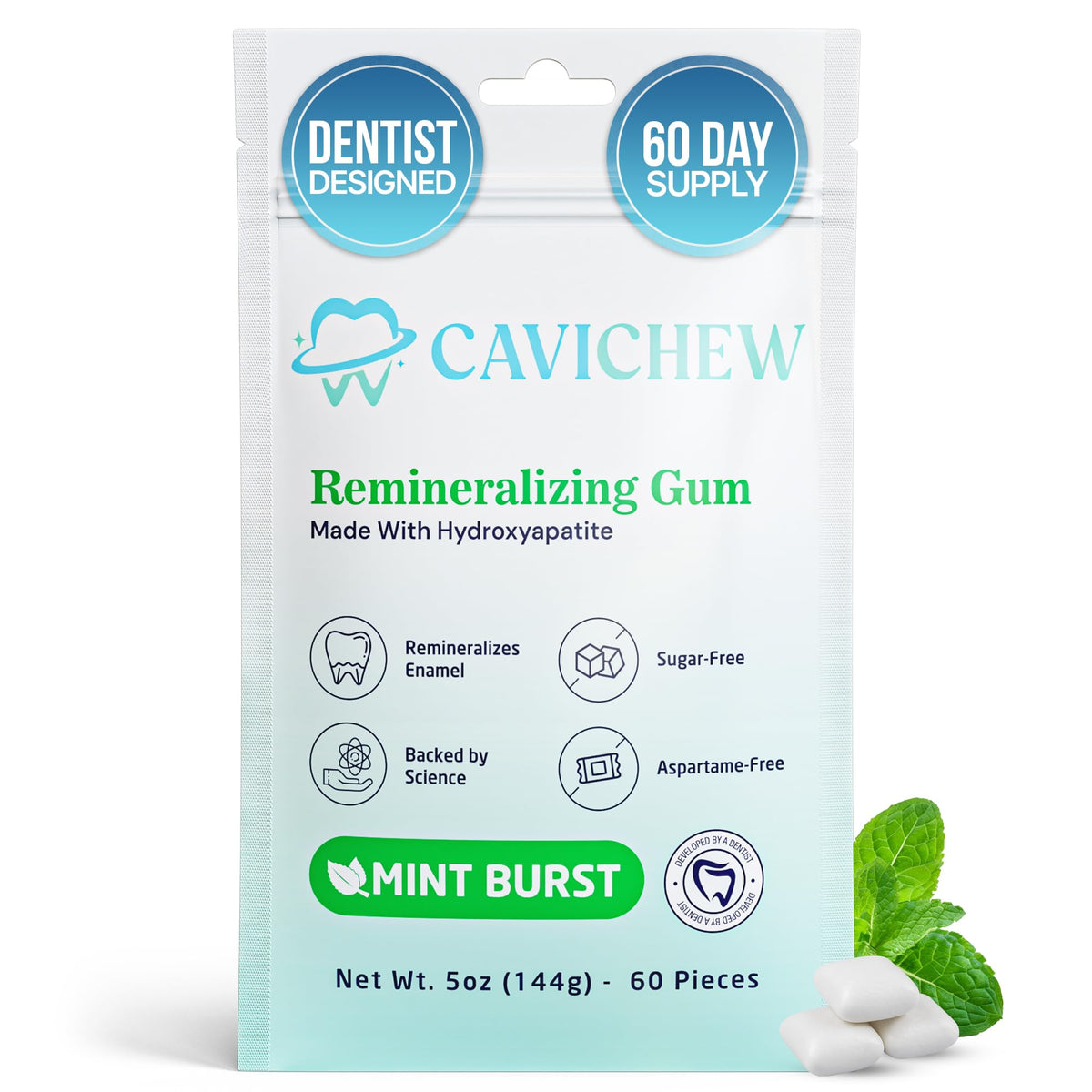 CaviChew remineralizing gum mint 60-count pack for enamel support.