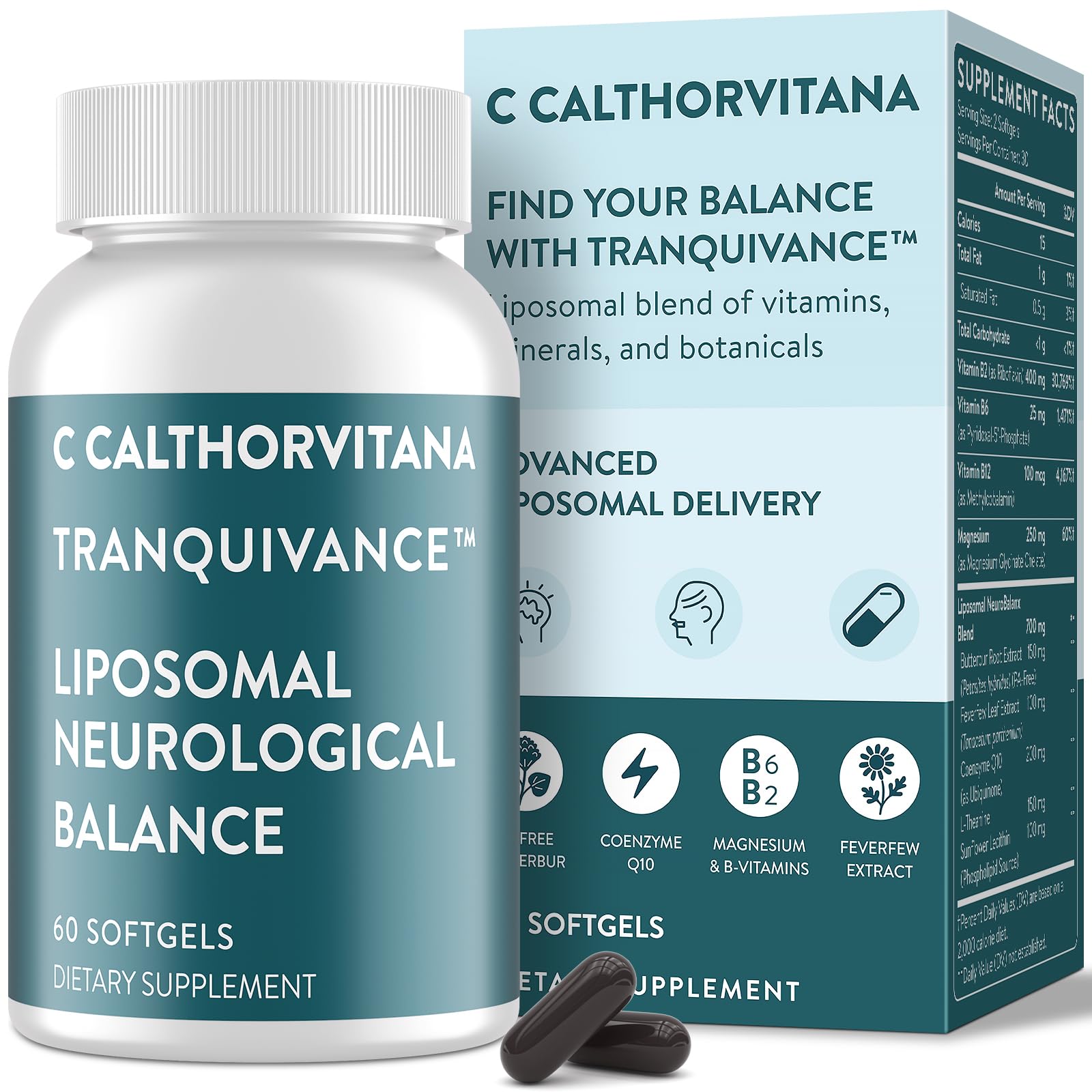 C Calthorvitana migraine relief softgels in a bottle highlighting liposomal delivery for better absorption