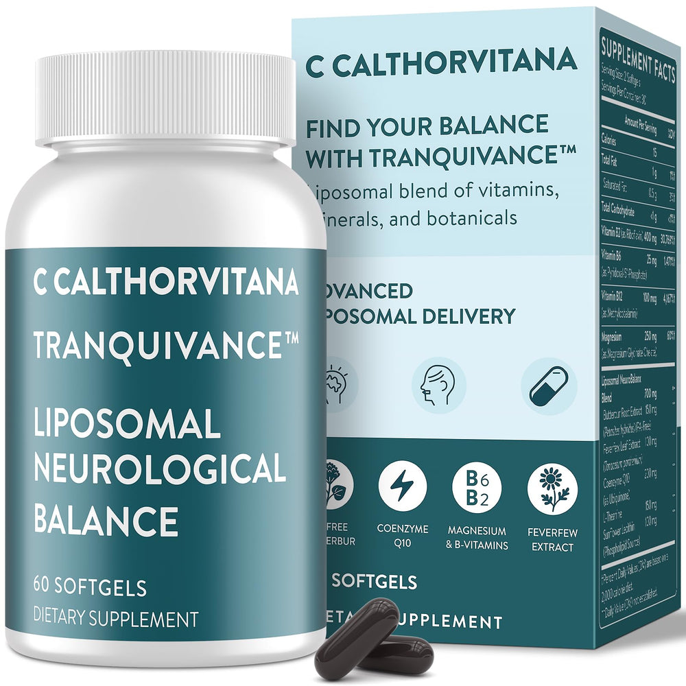 C Calthorvitana migraine relief softgels in a bottle highlighting liposomal delivery for better absorption