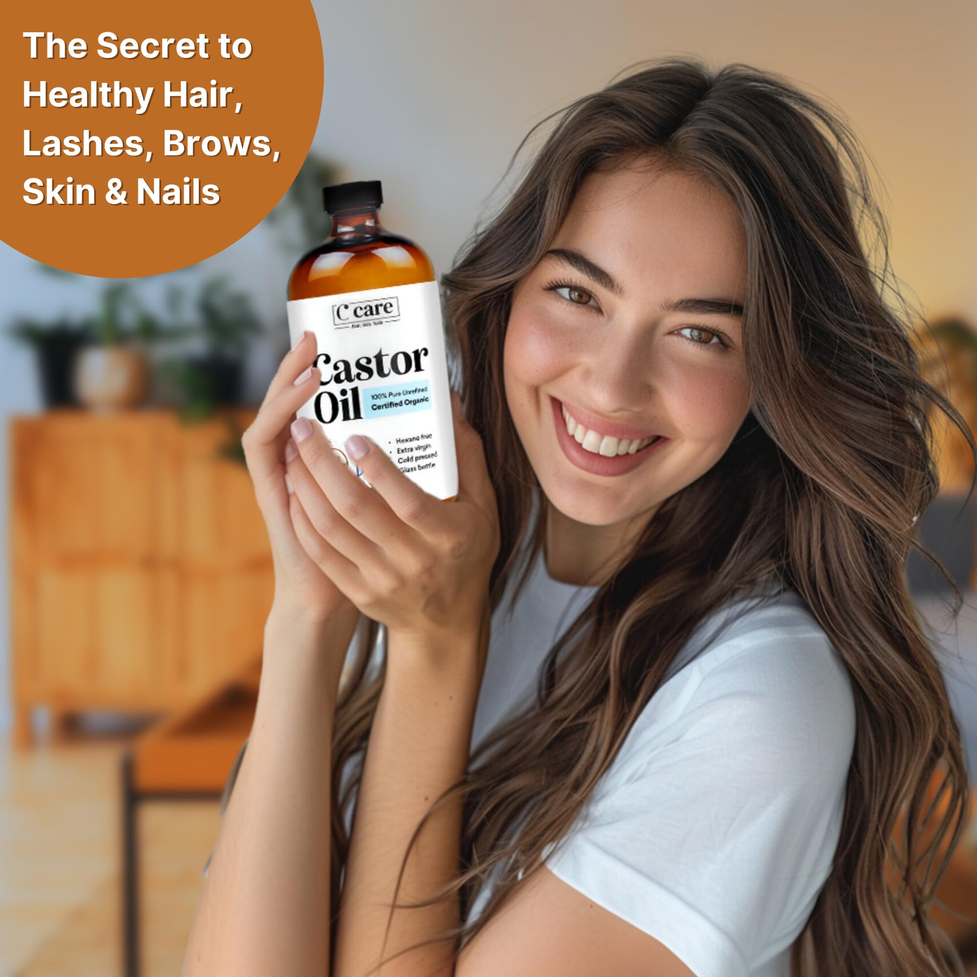 C CARE Castor Oil for eyelashes and eyebrows promotes natural fullness.