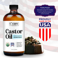 C CARE Castor Oil close-up of the glass bottle cap for secure storage.