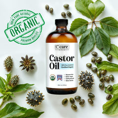C CARE Castor Oil pour application suggests easy use for hair, skin, and lashes.