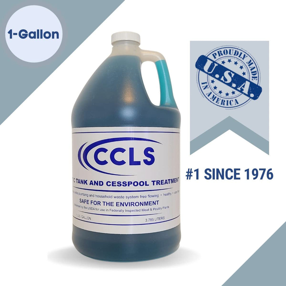 CCLS septic tank treatment label close-up highlights organic enzymes and bacteria.