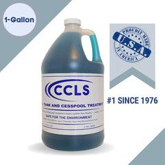 CCLS septic tank treatment label close-up highlights organic enzymes and bacteria.