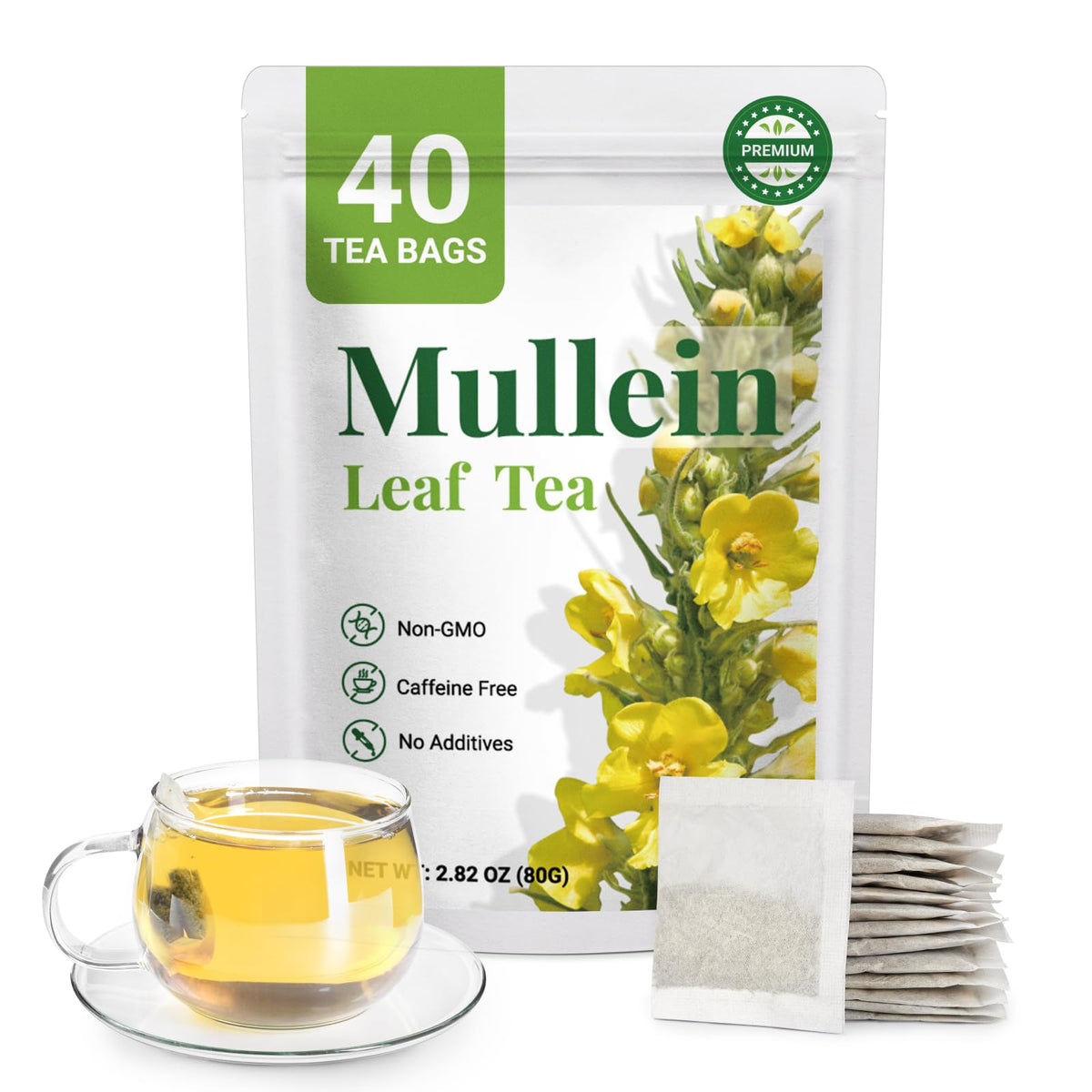 CCnature Premium 40 Mullein Tea Bags packaging highlights clean, additive-free herbal tea for a pure brew.