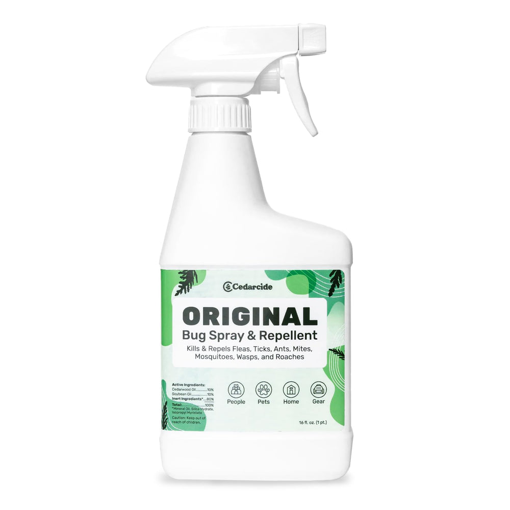 Cedarcide Original Bug Spray bottle releasing cedar oil to repel pests indoors and around pets.
