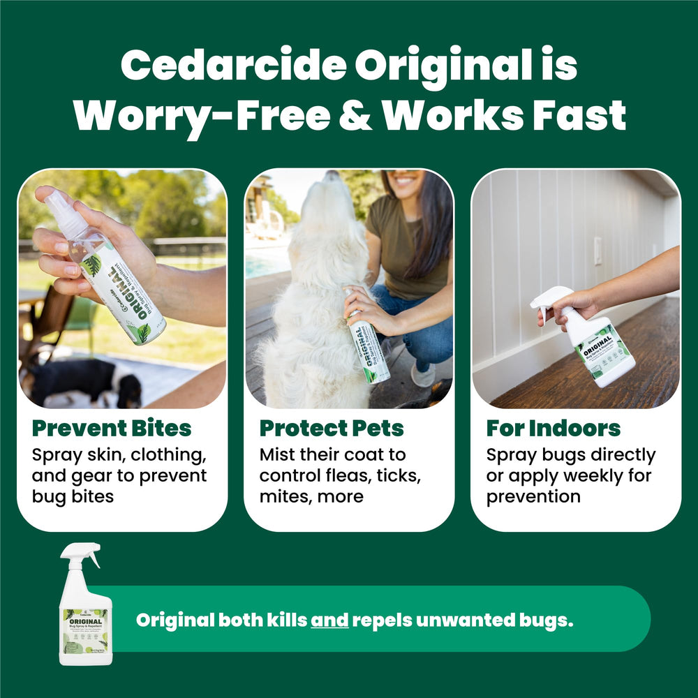 Cedarcide Original Bug Spray protects home entryways from biting insects with easy application.
