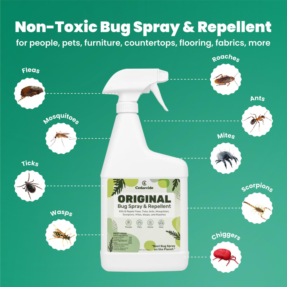 Cedarcide Original Bug Spray mist being applied to shield outdoor spaces from insects.