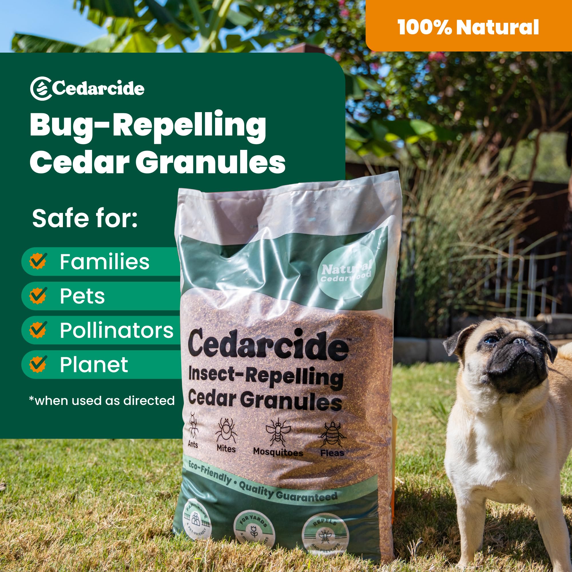 Granules applied on lawn to protect outdoor living spaces