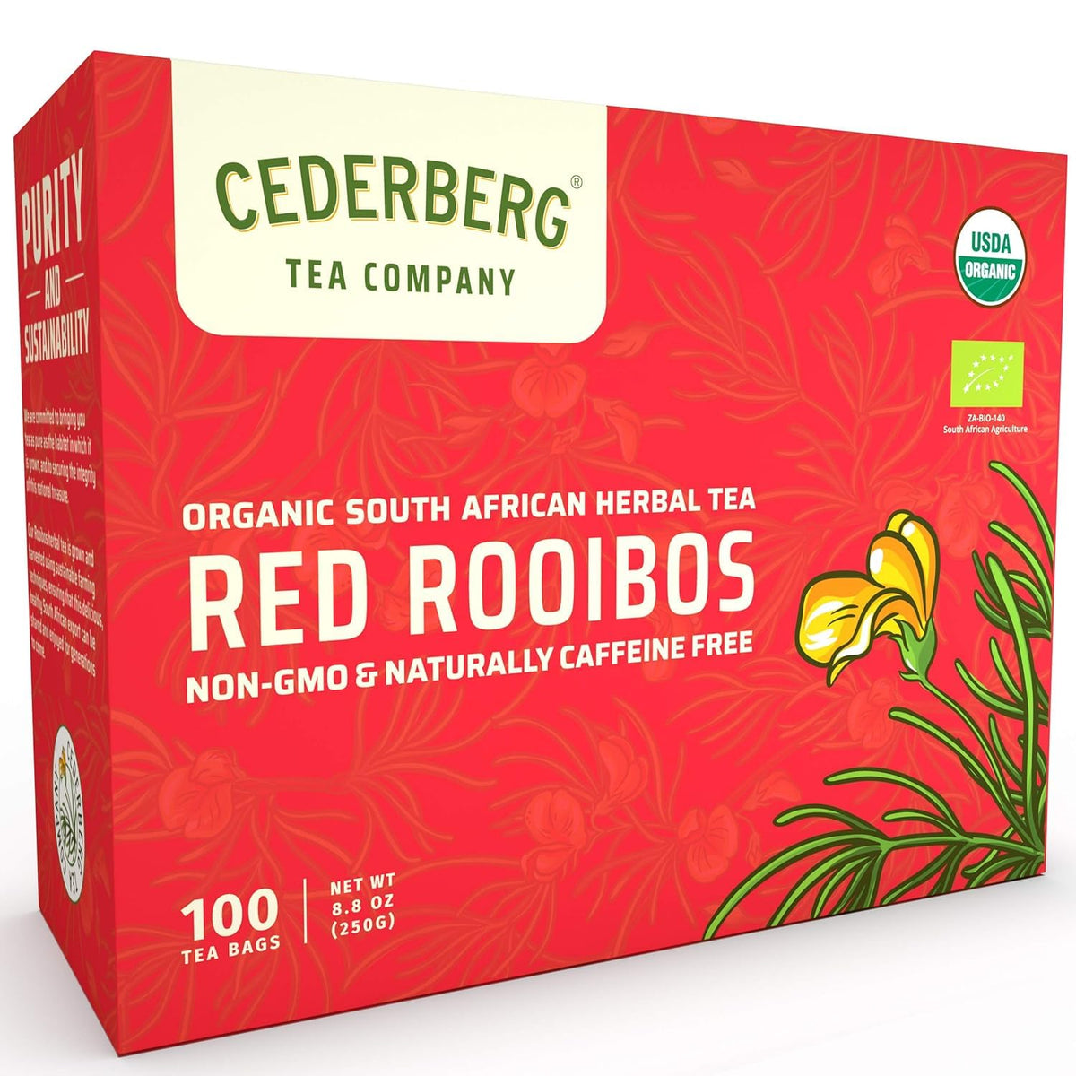 Cederberg Red Rooibos tea bags in packaging show freshness and value.