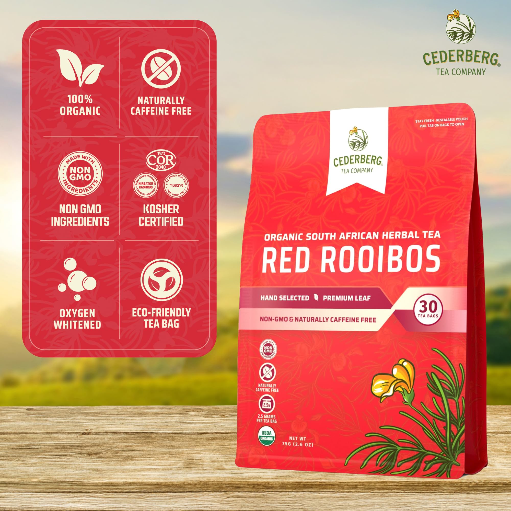 Cederberg Rooibos compostable tea bags emphasize sustainable, plant-based packaging.