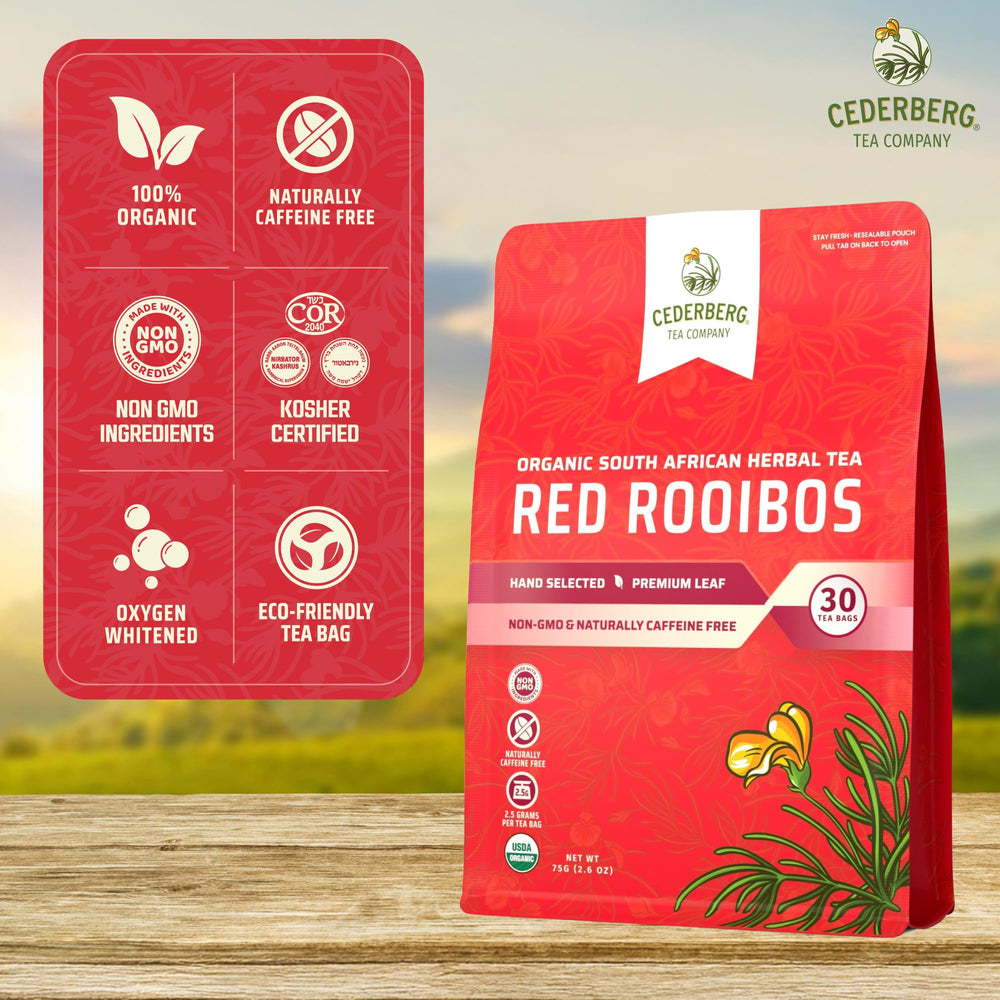 Cederberg Rooibos compostable tea bags emphasize sustainable, plant-based packaging.