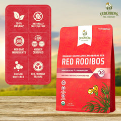 Cederberg Rooibos compostable tea bags emphasize sustainable, plant-based packaging.