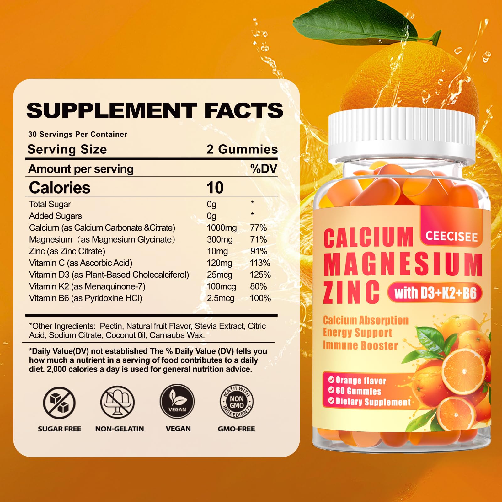 Ceecisee calcium magnesium zinc gummies bottle closeup highlights orange flavor and easy consumption.