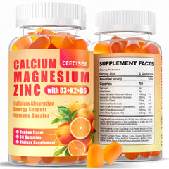 Ceecisee calcium magnesium zinc gummies bottle pour shows a daily immune-support snack with citrus flavor.