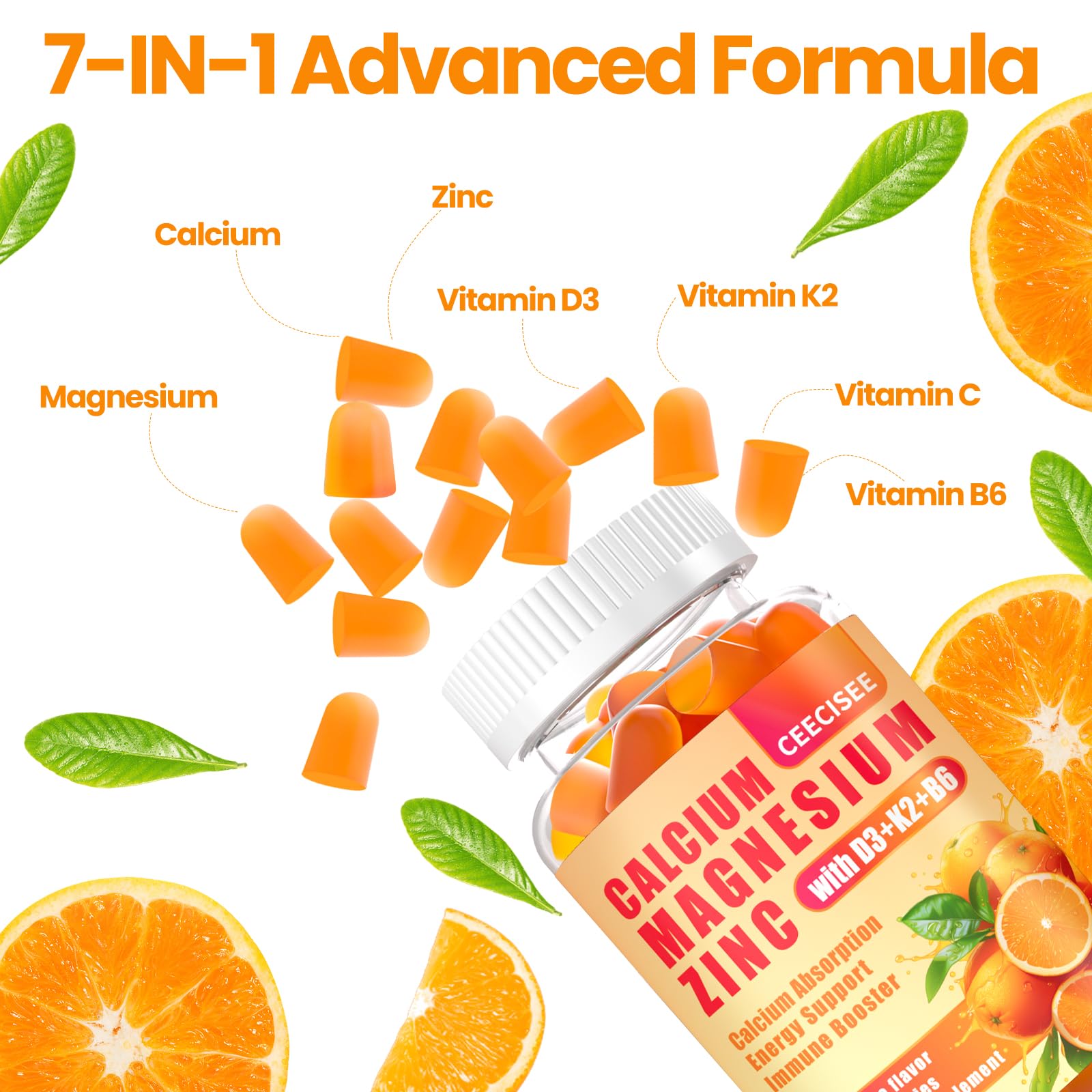 Ceecisee calcium magnesium zinc gummies packaging front emphasizes vegan, non-GMO, gluten-free credentials.