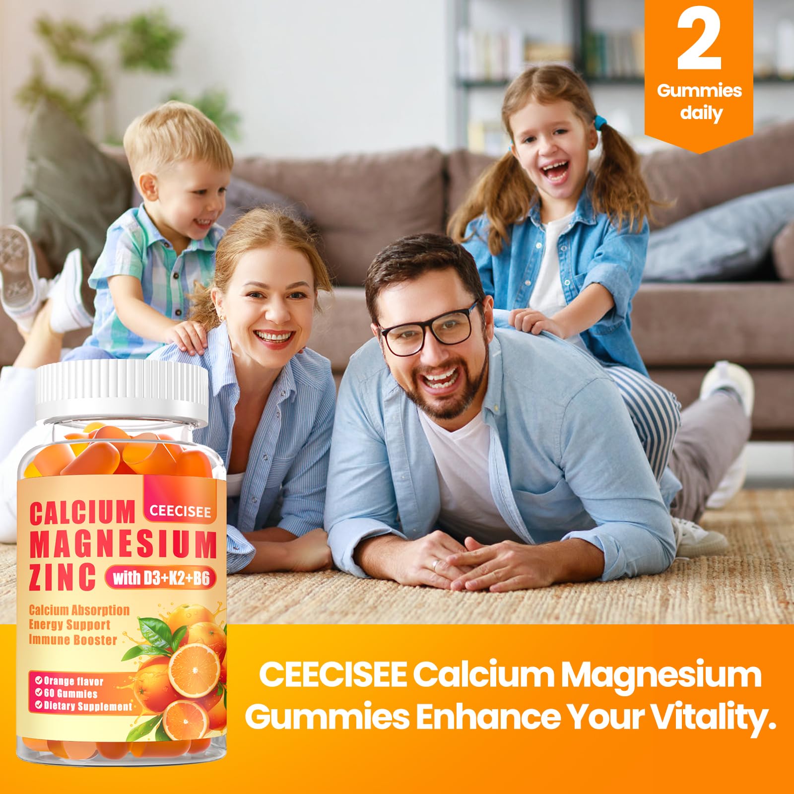 Ceecisee calcium magnesium zinc gummies sugar-free serving option shown for on-the-go use.