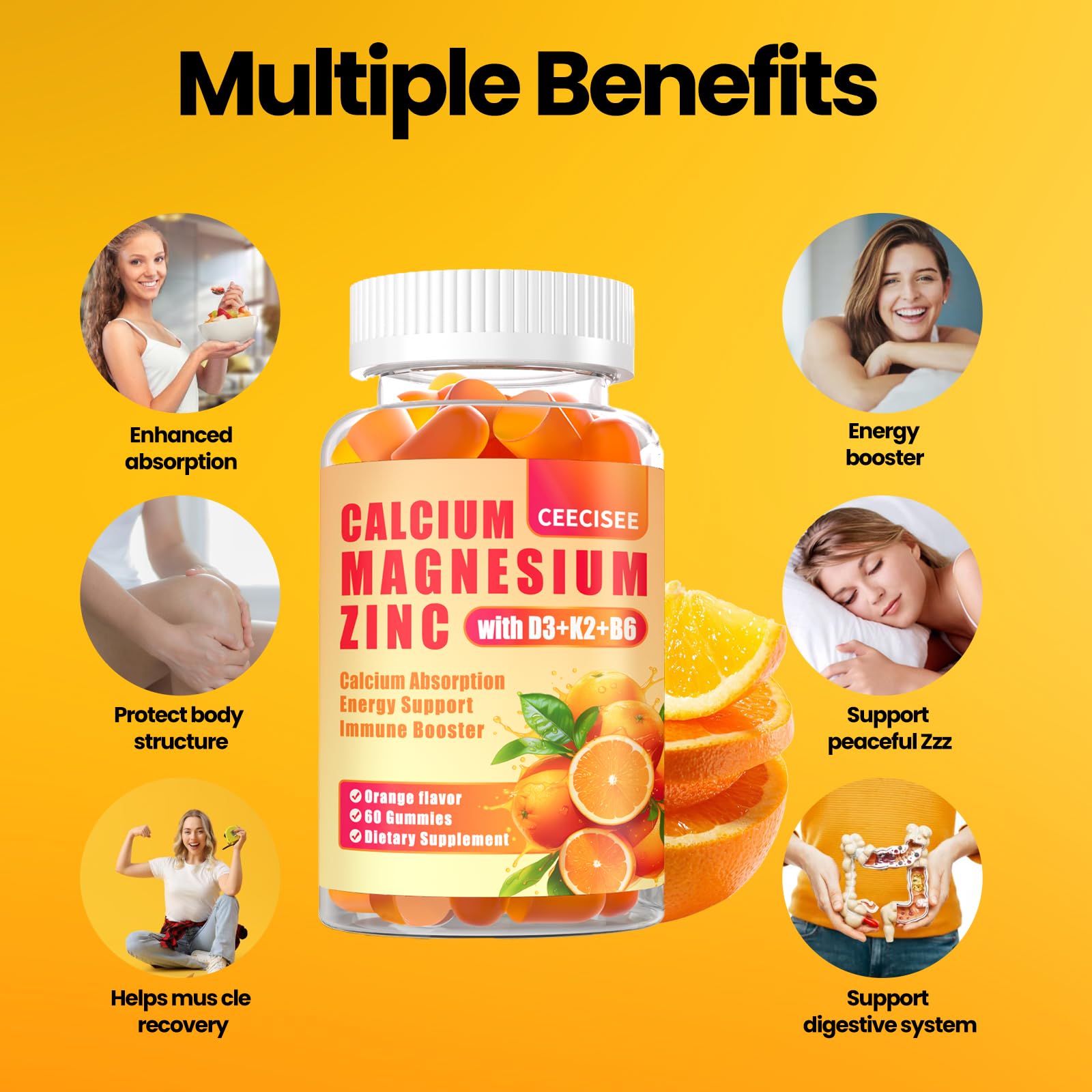 Ceecisee calcium magnesium zinc gummies texture closeup reveals chewy citrus bite.