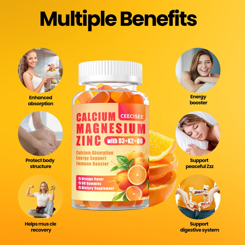 Ceecisee calcium magnesium zinc gummies texture closeup reveals chewy citrus bite.