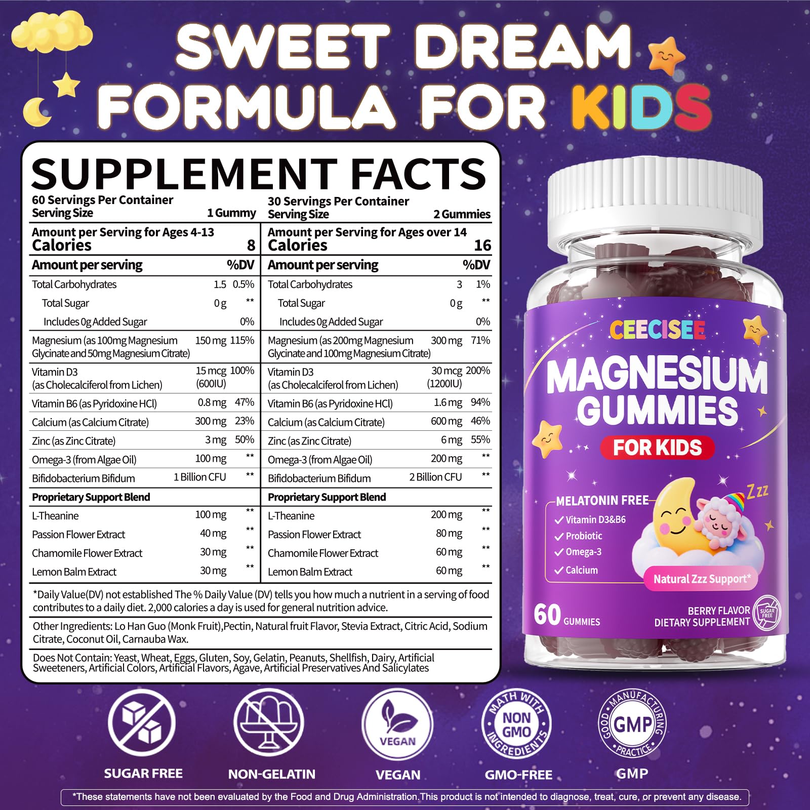Ceecisee Kids Magnesium Gummies bottle close-up with delicious berry flavor