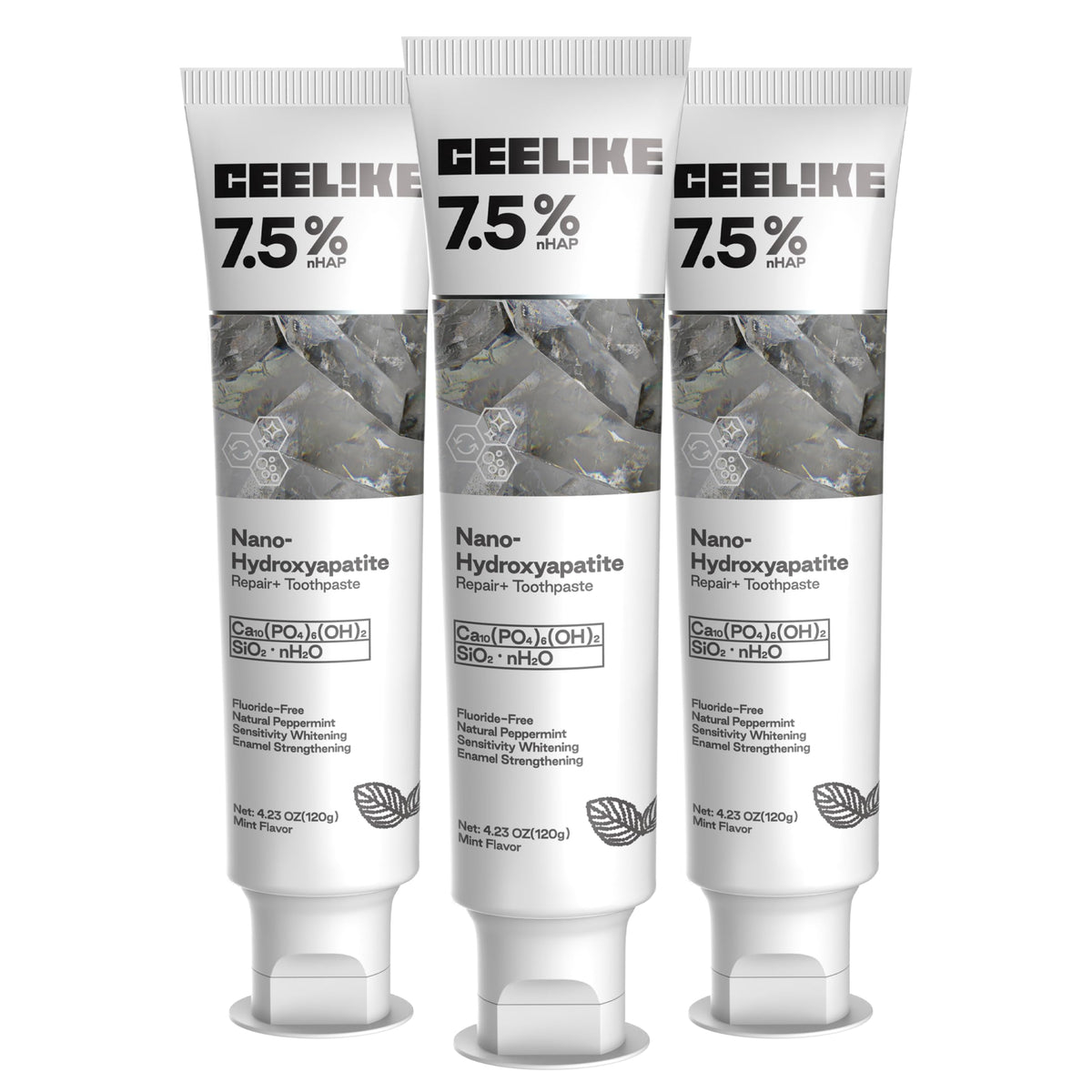CEELIKE hydroxyapatite toothpaste tube closeup highlighting enamel-strengthening action.