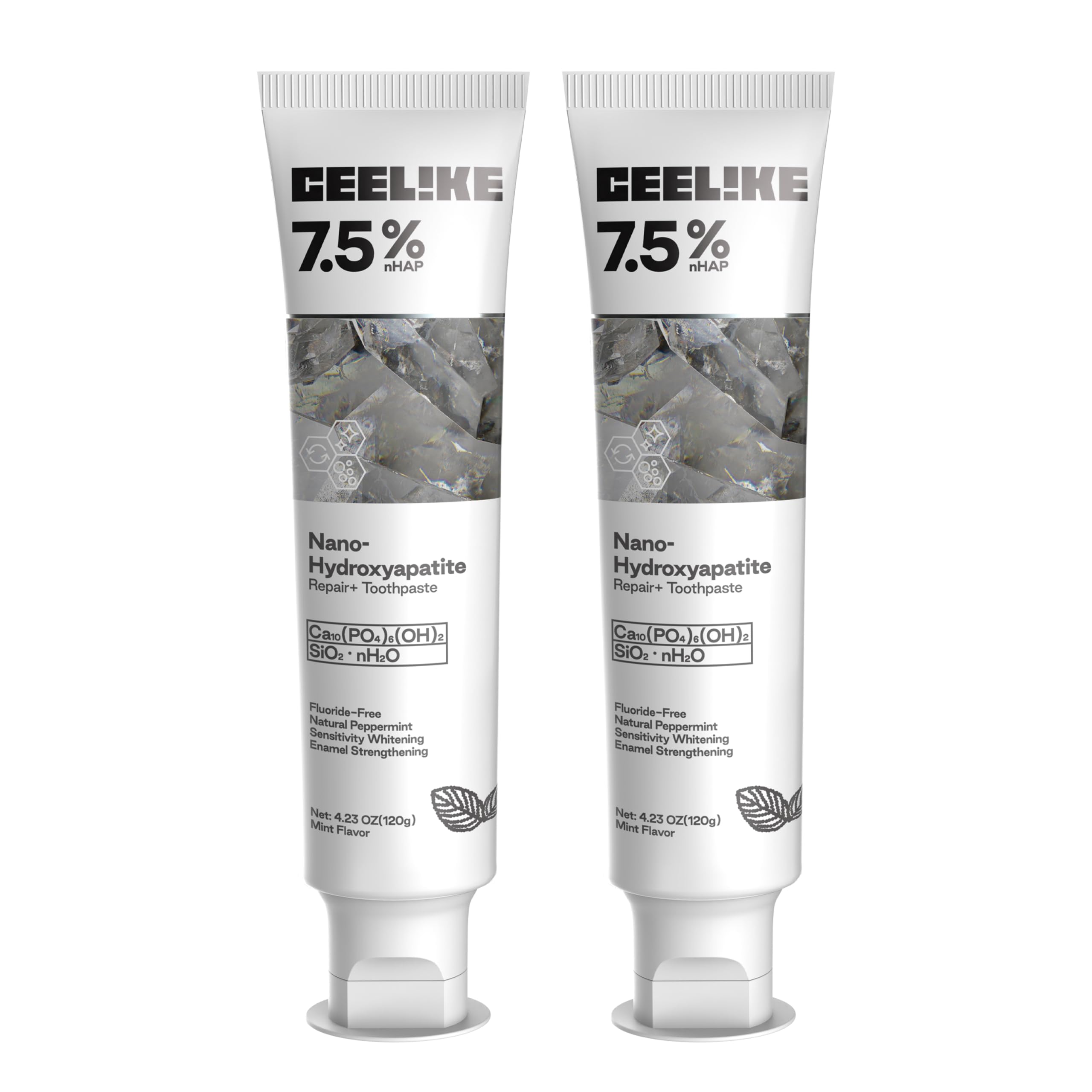 CEELIKE toothpaste seven point five percent hydroxyapatite tube closeup showing enamel support