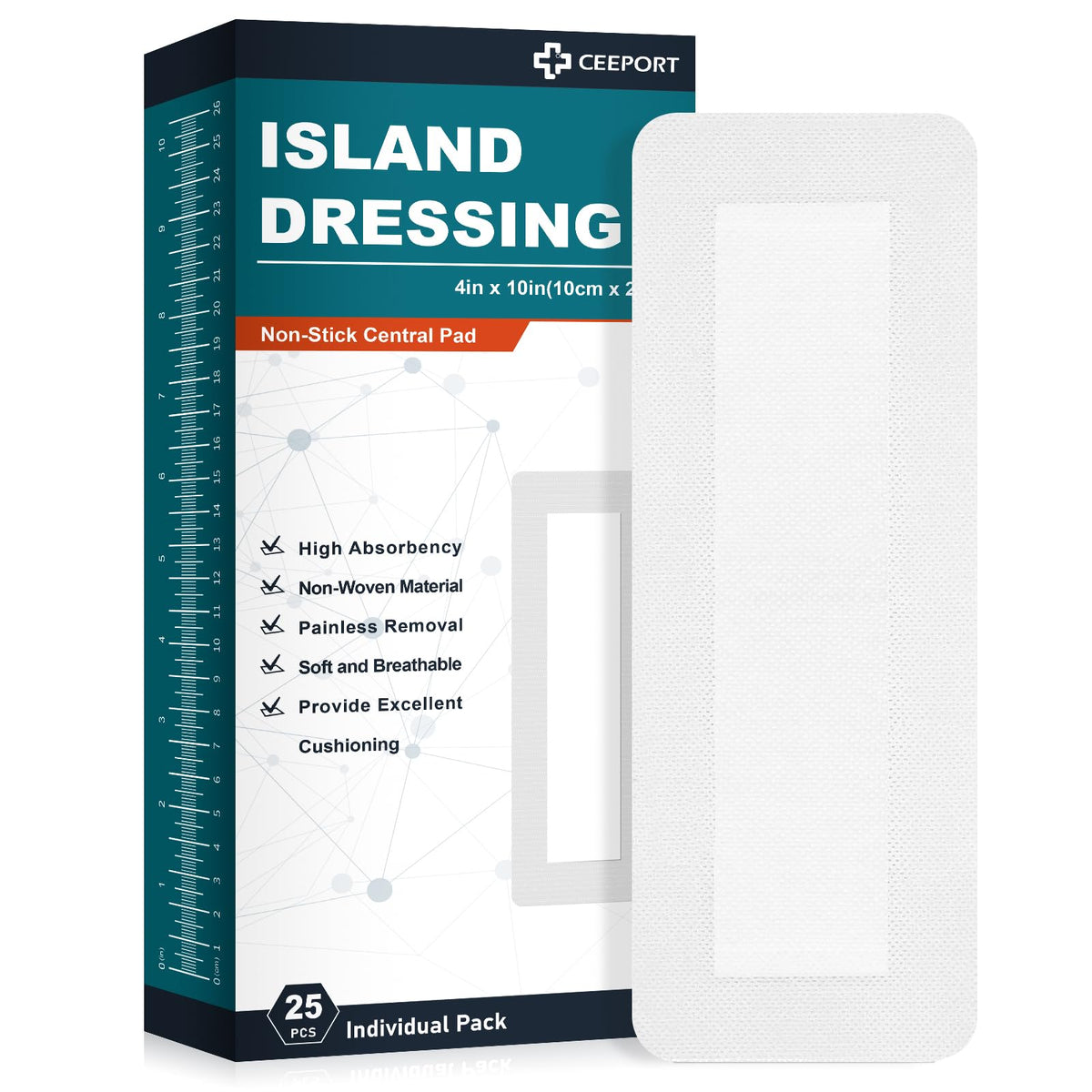 Ceeport Island Dressing border 4x10 showing a flexible wound cover with adhesive border.