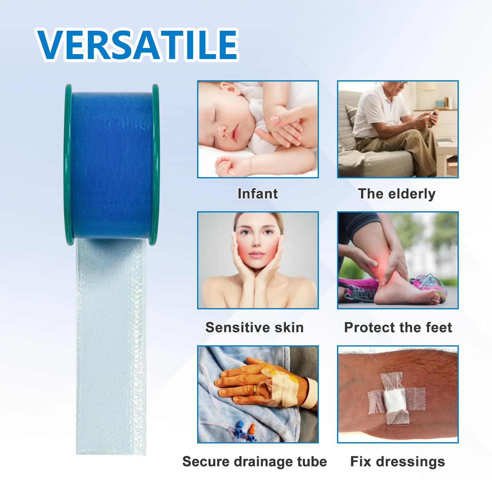 Ceeport silicone tape secures dressings along contours with long adhesion.