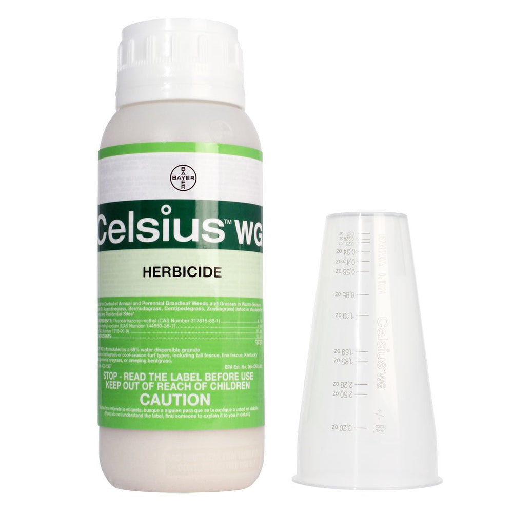 Celcius WG herbicide bottle for post-emergent weed control on St. Augustine and centipede lawns.