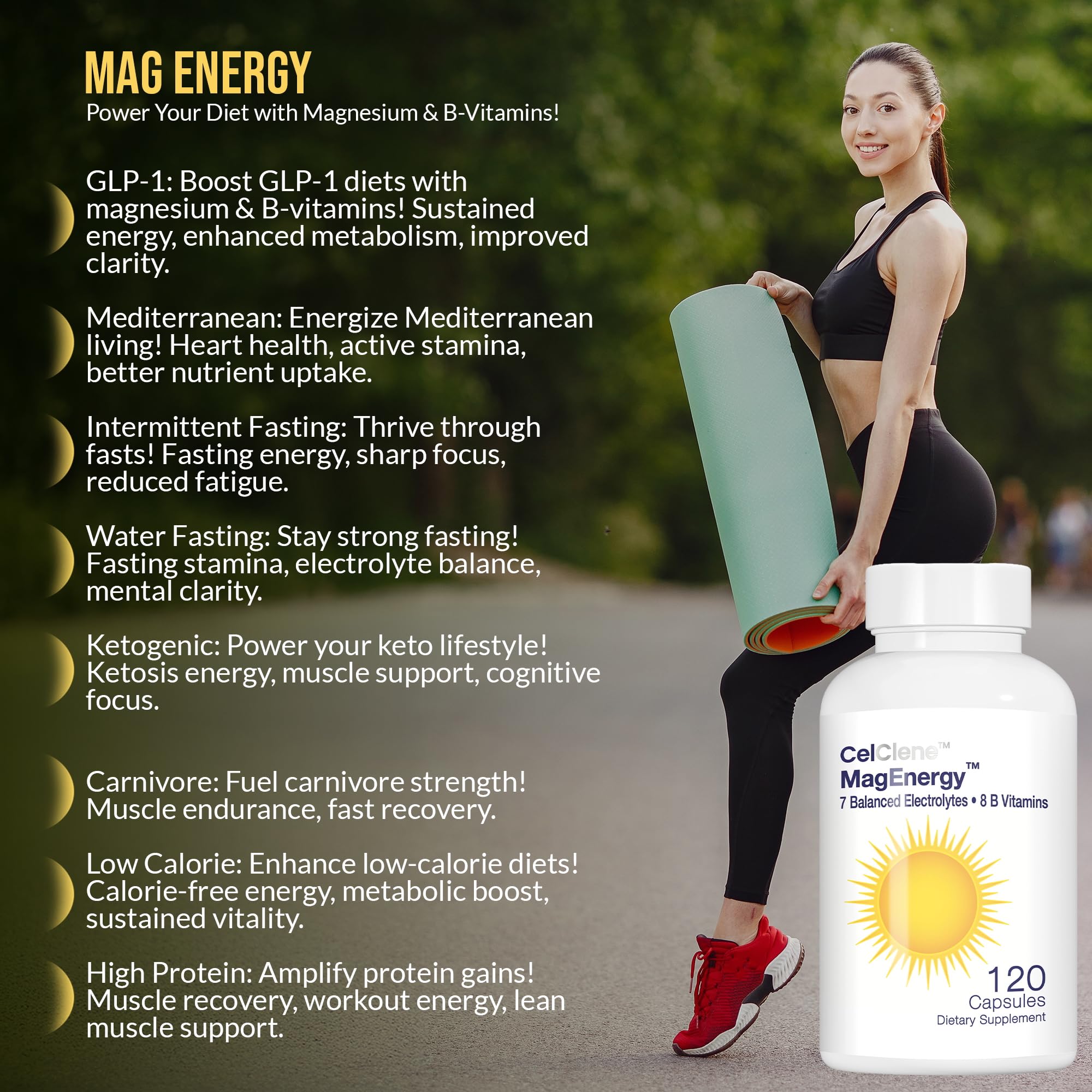 CELCLENE MagEnergy ingredients label highlights electrolytes and essential vitamins.