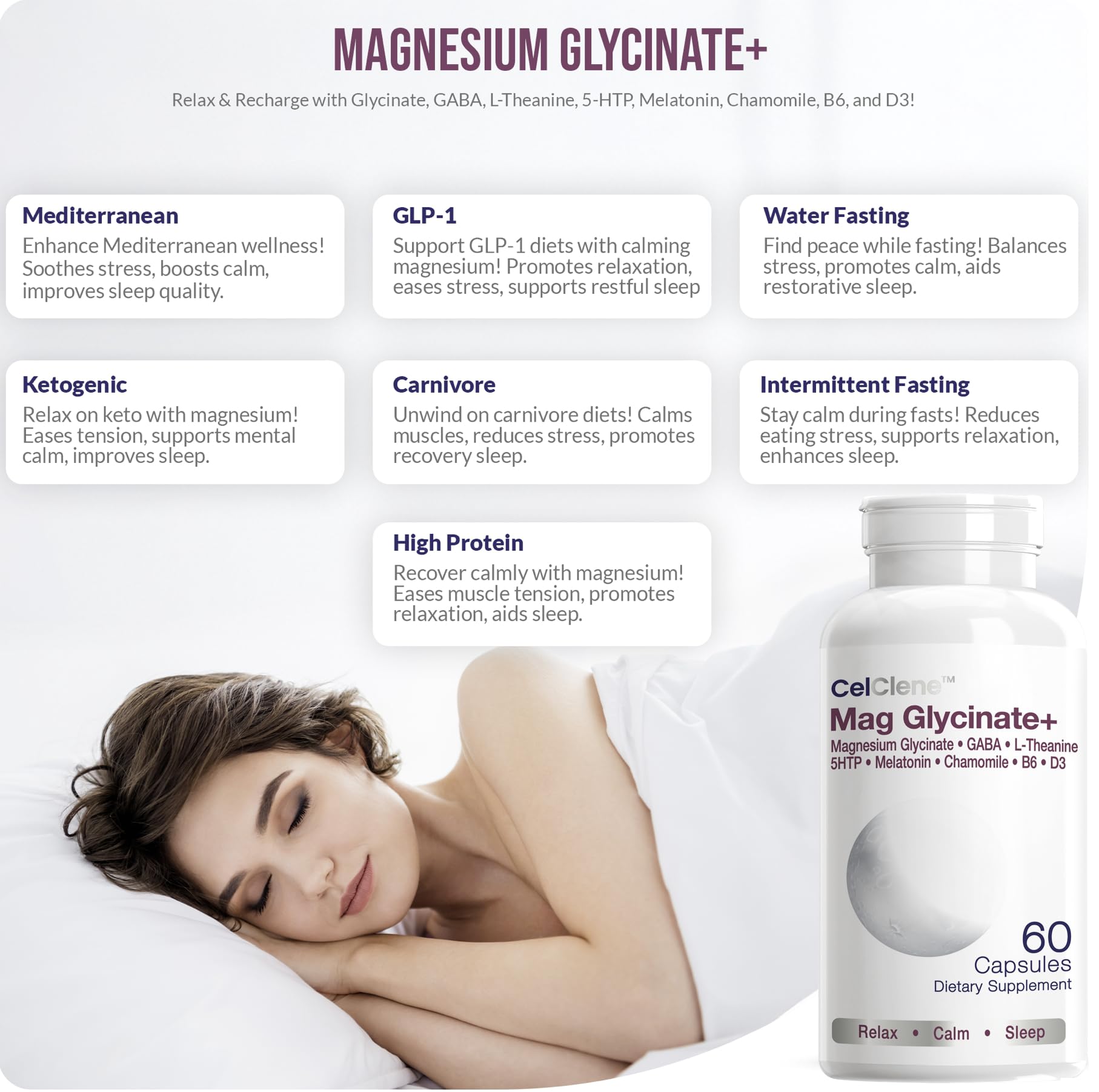 CELCLENE Magnesium Glycinate+ capsules ready for nightly use.
