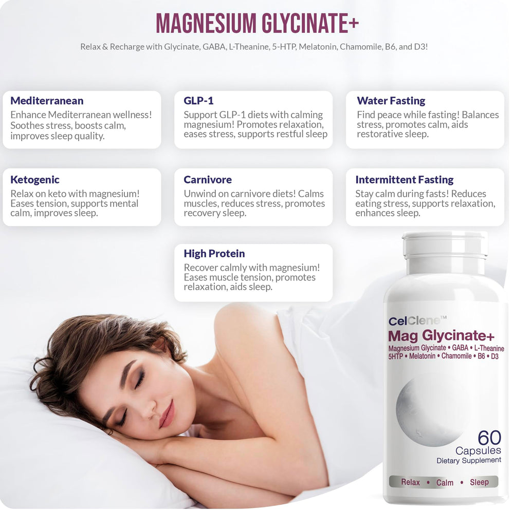 CELCLENE Magnesium Glycinate+ capsules ready for nightly use.