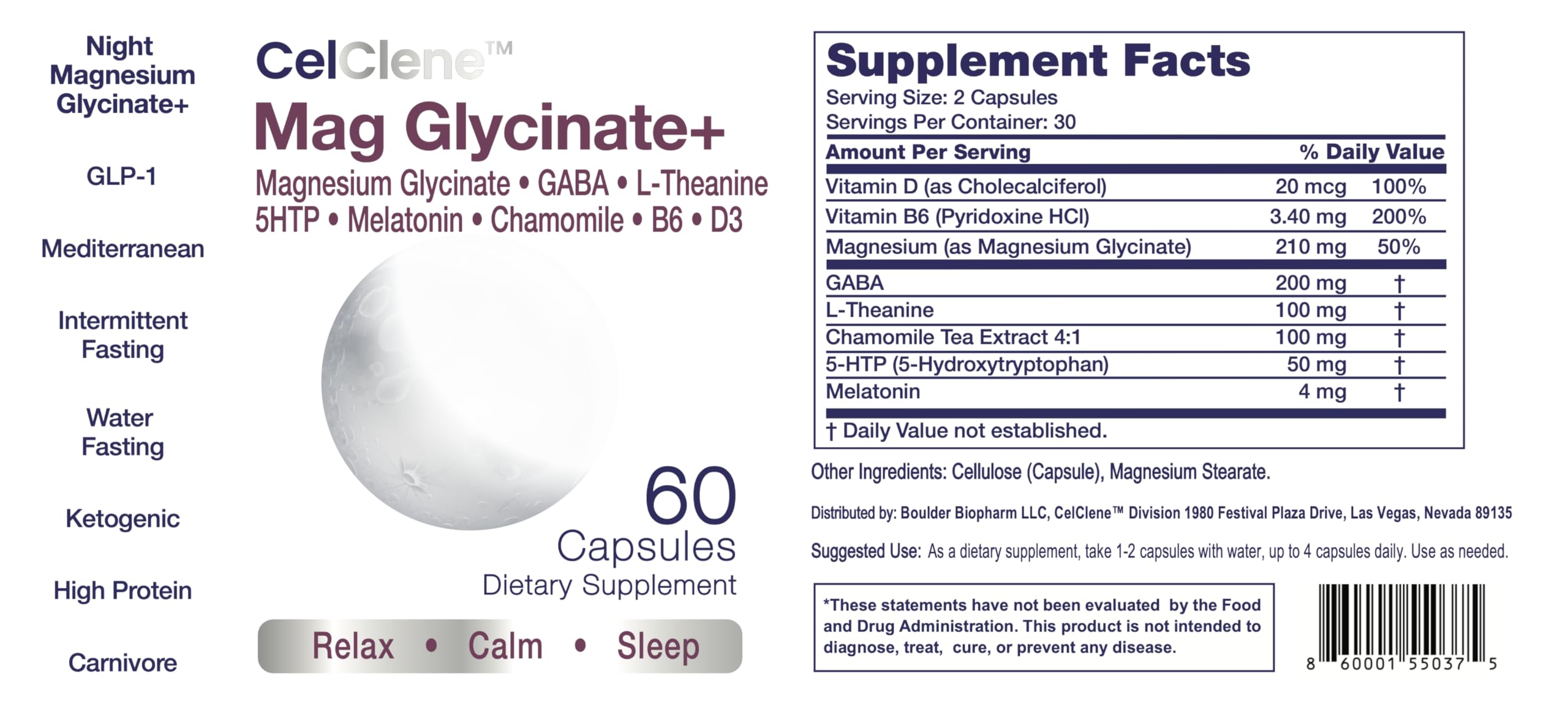 CELCLENE Magnesium Glycinate+ chamomile extract note suggesting calming rituals.