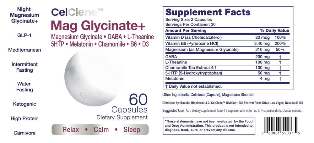 CELCLENE Magnesium Glycinate+ chamomile extract note suggesting calming rituals.