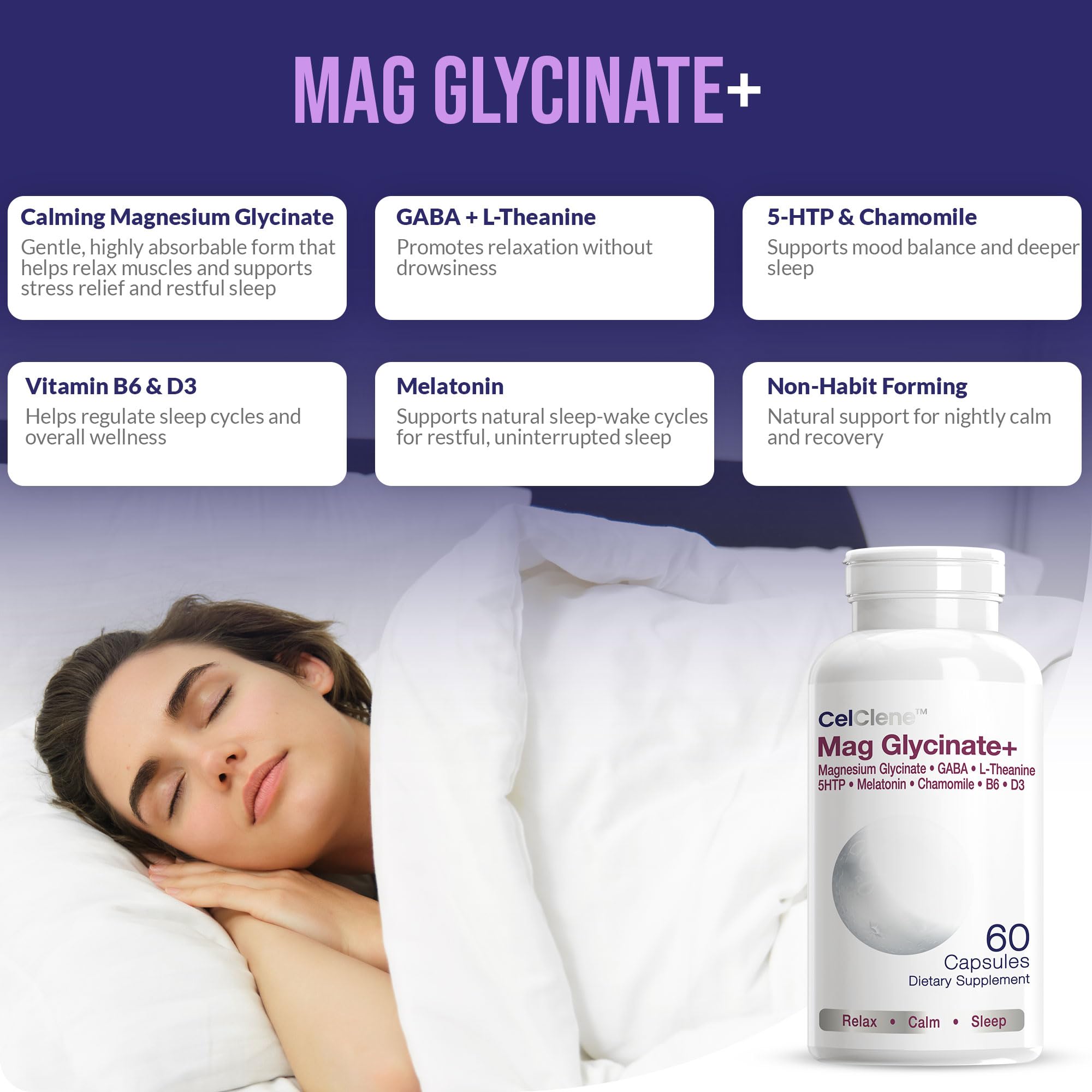 CELCLENE Magnesium Glycinate+ label highlights non-GMO and gluten-free features.