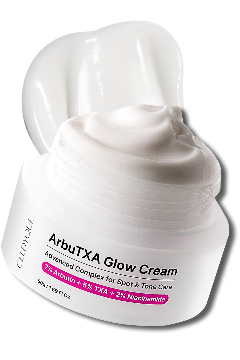CELDYQUE Arbutin-Tranexamic cream bottle targets dark spots and uneven tone.