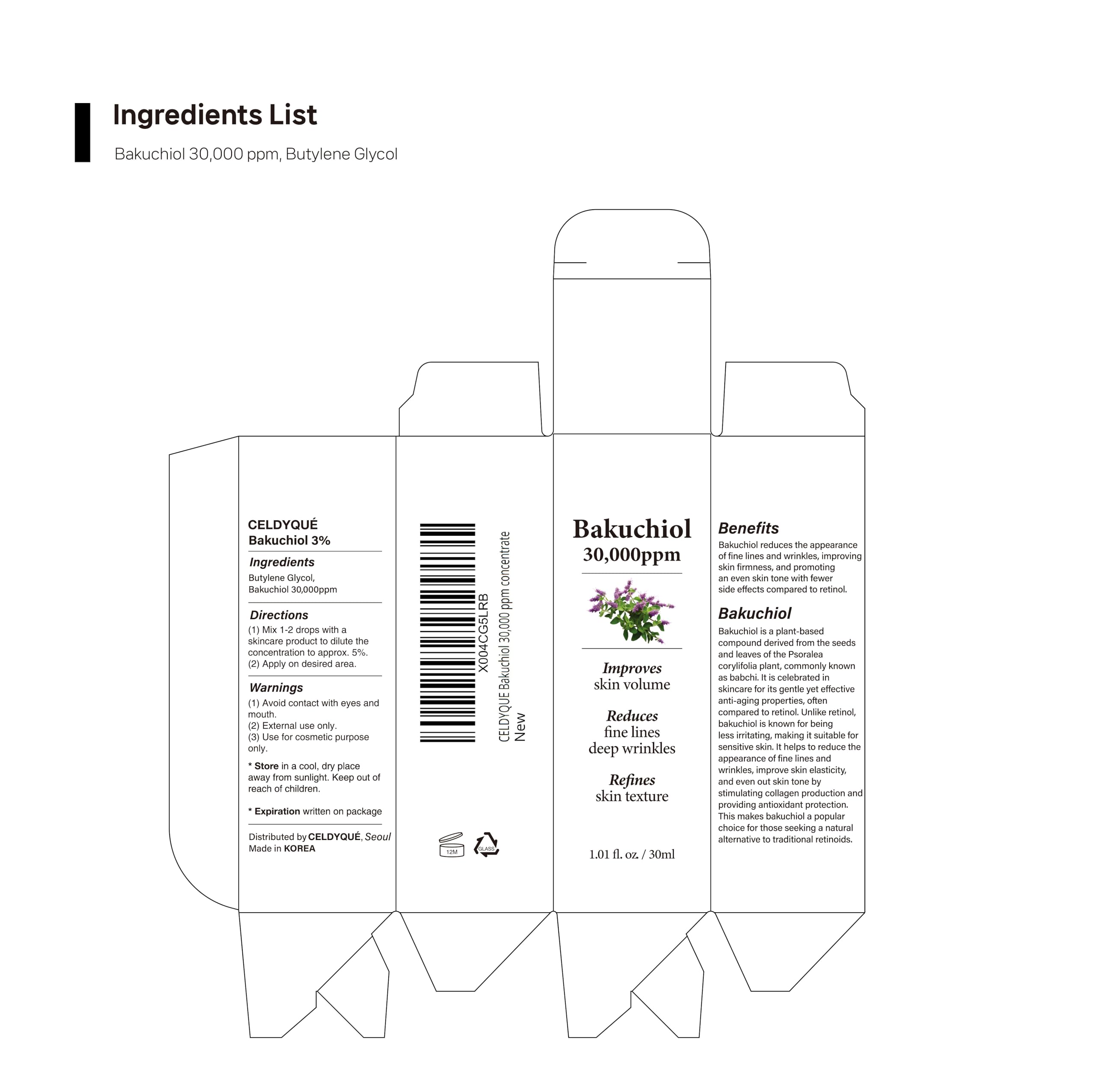 CELDYQUE Bakuchiol concentrate label closeup showing concentration