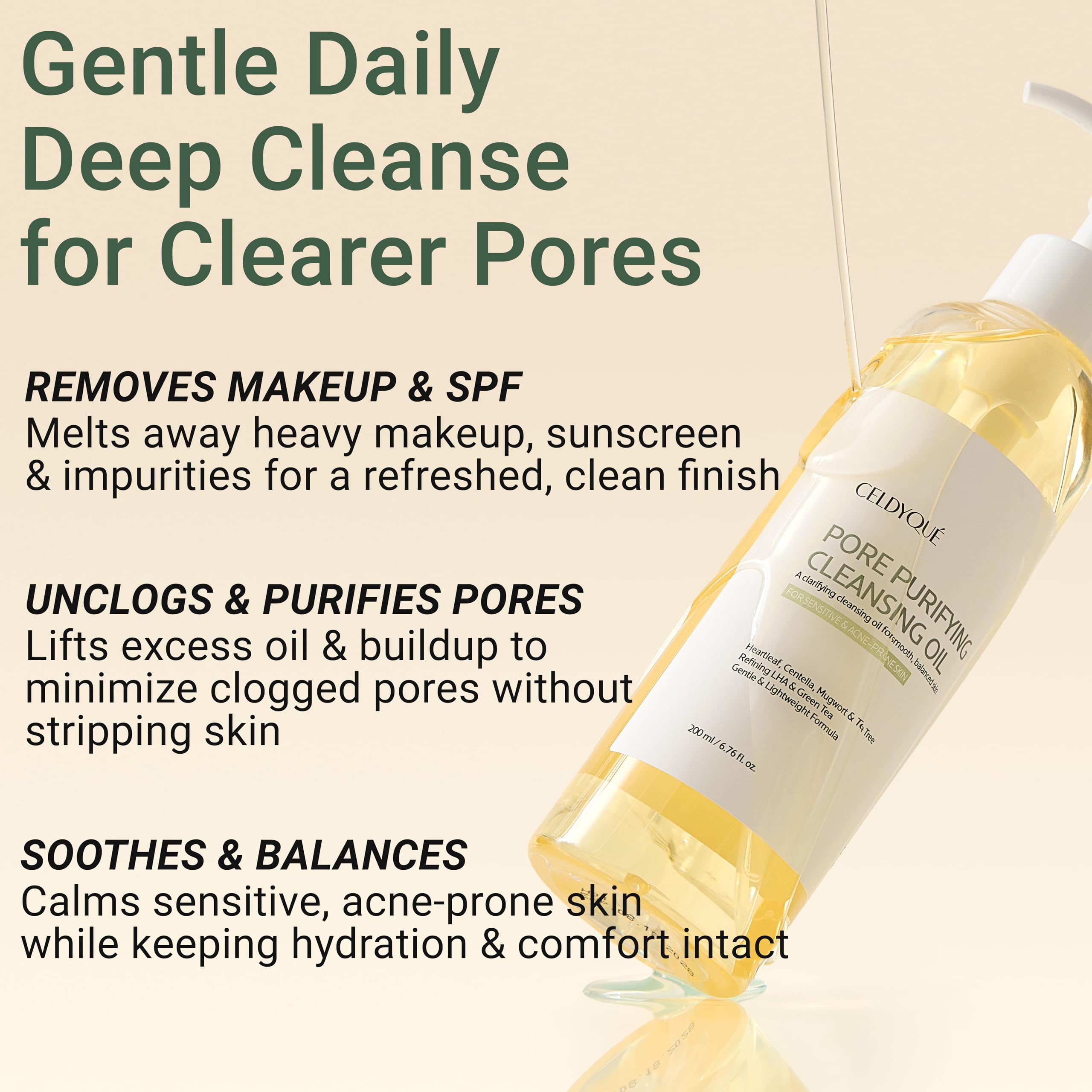 CELDYQUE Centella Green Tea Tea Tree blend application close-up.